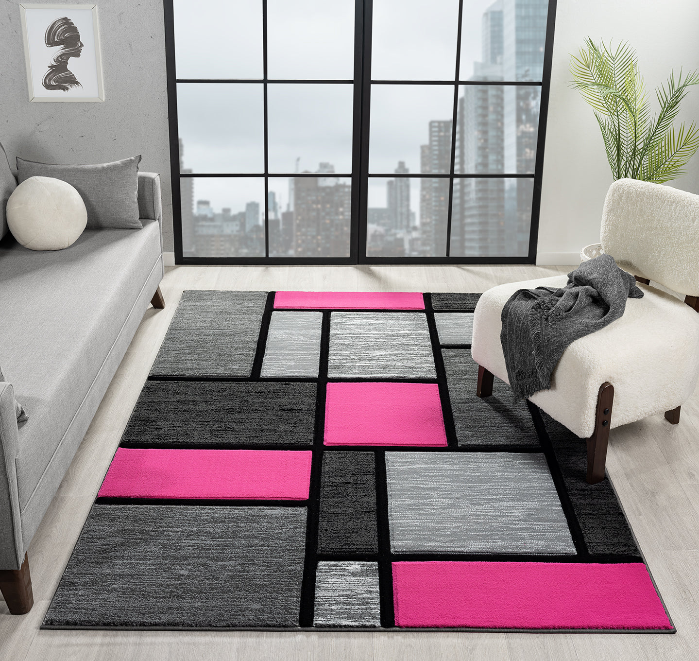 Joy Collection Hand Carved Pink & Grey Area Rug - 50486